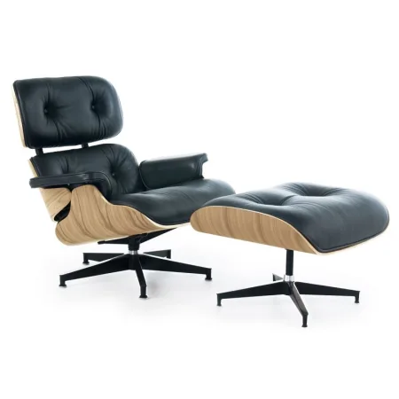 Eames Style Lounge Chair & Ottoman - Black Leather / Oak Wood