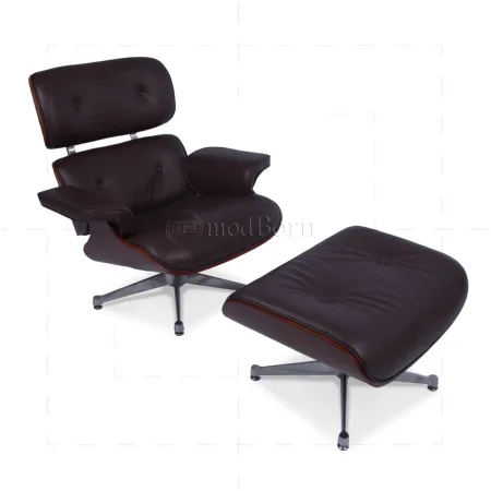 Eames Style Lounge Chair & Ottoman - Brown Leather & Cherry Wood