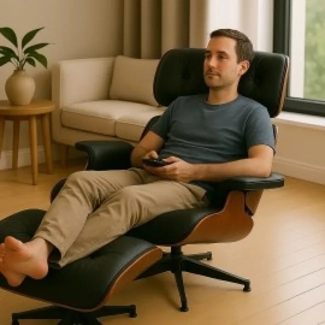 Eames Style Loungesessel & Hocker – Schwarzes Leder — image 2