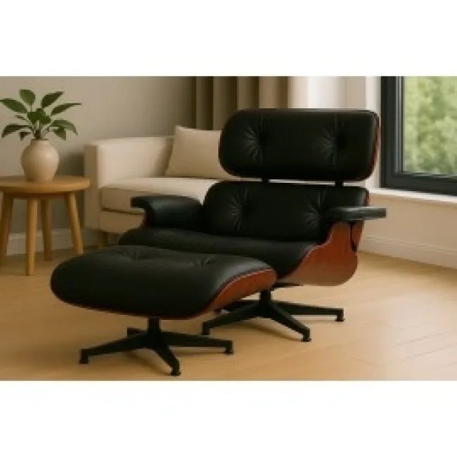Eames Style Loungesessel & Hocker – Schwarzes Leder — image 4