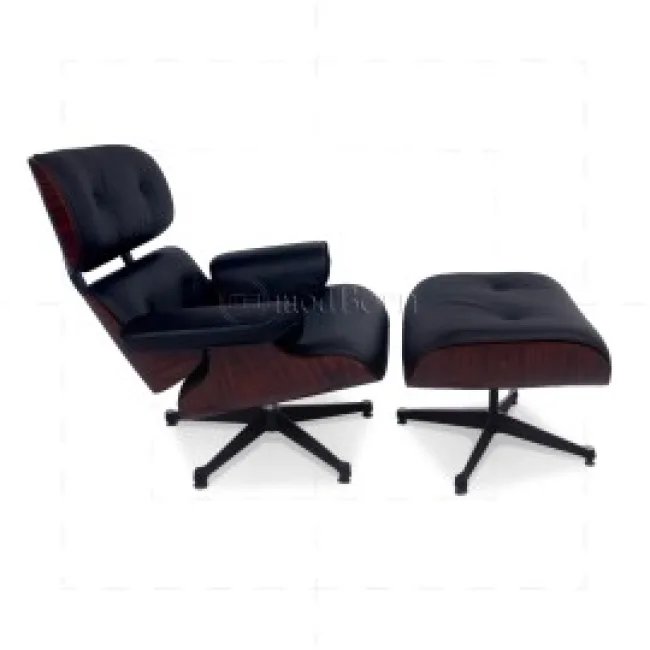 Eames Style Loungesessel & Hocker – Schwarzes Leder — image 5
