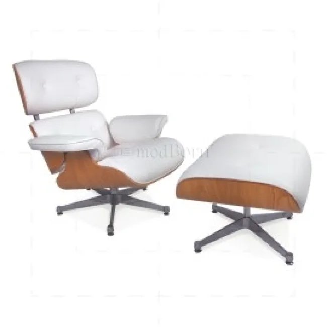 Fauteuil Lounge Eames style – Chêne & Cuir Blanc