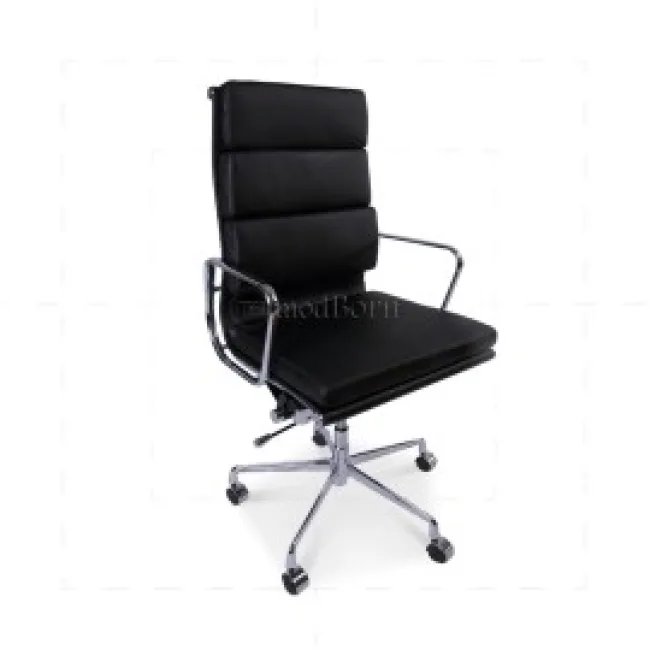 Ea219 Chaise de bureau style Eames — Dossier haut, coussin doux, cuir noir