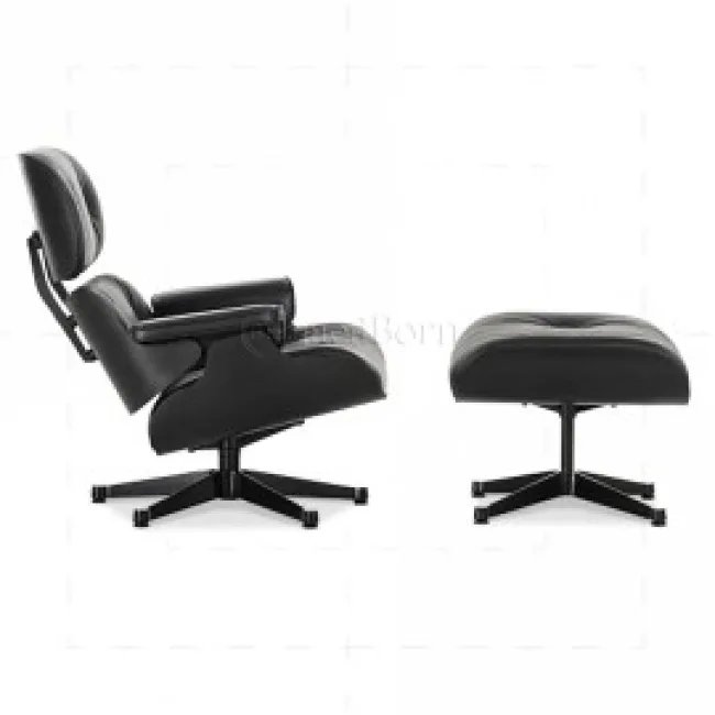 Fauteuil Eames style & Ottoman — Cuir noir, Bois noir