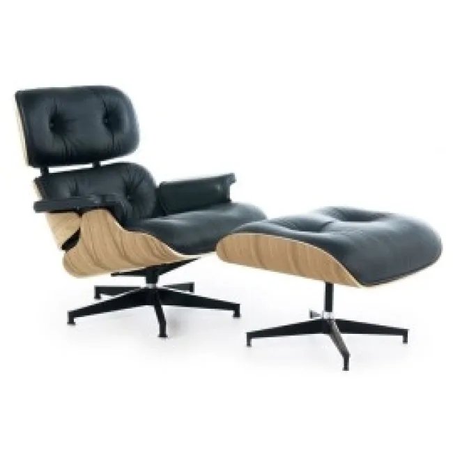 Fauteuil Eames style avec ottoman – Cuir noir & Bois chêne