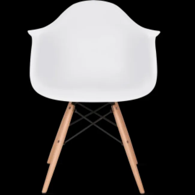 Eames style DAW arm chair white — side view showing wood legs