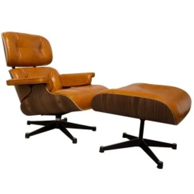 Eames Style Lounge Chair And Ottoman — Brown Leather Walnut Wood