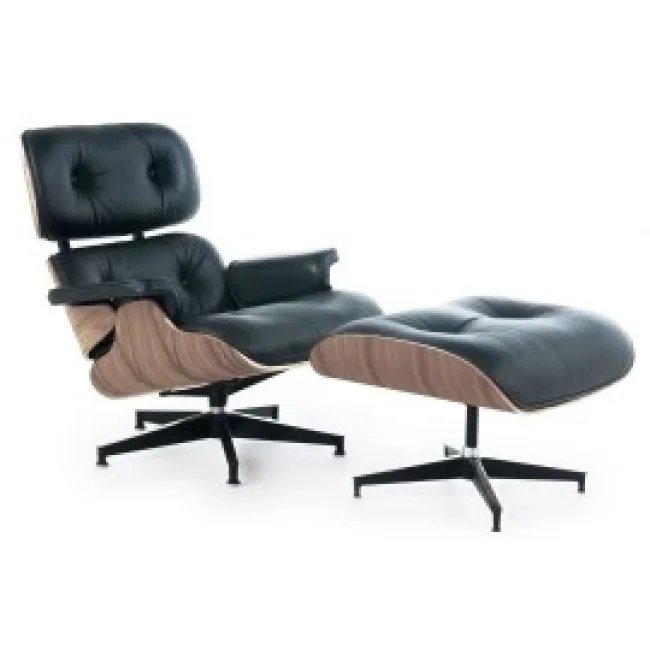 Fauteuil Lounge Eames style et Ottoman — Cuir noir, Noyer
