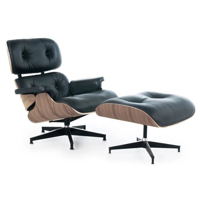 Eames Loungesessel & Ottoman – Schwarzes Leder, Nussbaum — image 5