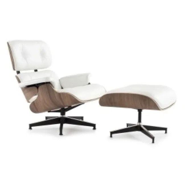 Eames — Fauteuil et Ottoman cuir blanc, bois noyer