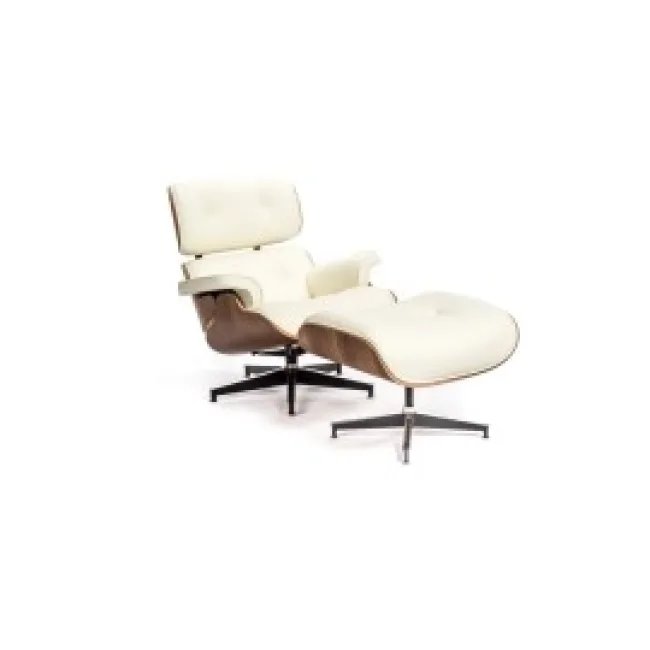 Eames — Fauteuil et Ottoman cuir blanc, bois noyer — image 2