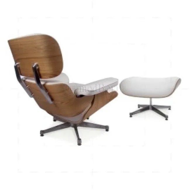 Fauteuil Eames-style et Ottoman — Cuir blanc, chêne (version haute)