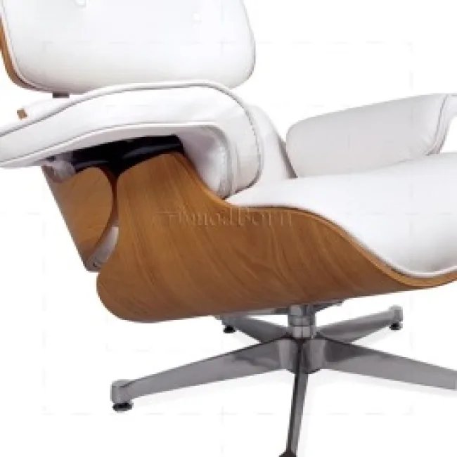 Fauteuil Eames-style et Ottoman — Cuir blanc, chêne (version haute) — image 4