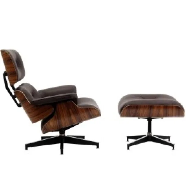 Lounge Chair And Ottoman — Dark Brown Leather & Walnut Wood