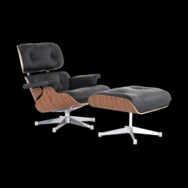 Lounge Chair And Ottoman — Black Leather, Palisander Rosewood (Silver)
